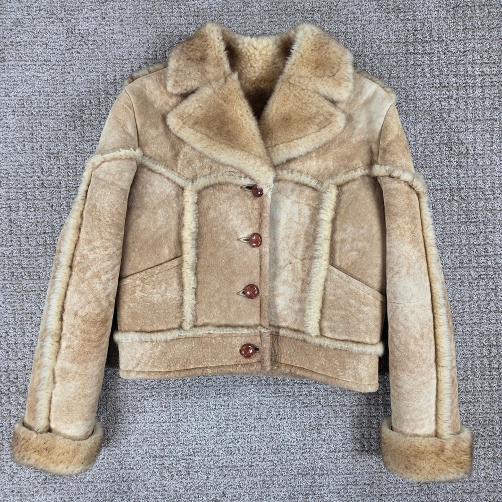 Vintage Ardney Suede Lamb Shearling Jacket Tan Beige Wool Button Crop Small